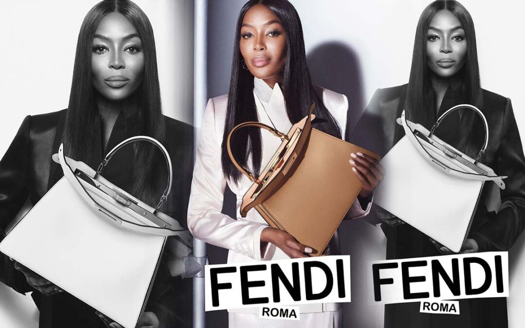Naomi Campbell collabora con Fendi per presentare l’iconica borsa Peekaboo”.
