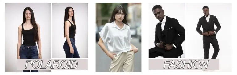 Immagine comparativa che illustra i due elementi essenziali per un portfolio completo: outfit minimal per polaroid professionali (sinistra) e styling ricercato per foto moda (destra) - Servizi fotografici per modelle e modelli a Milano