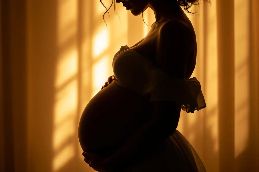 Donna che sorride tenendo in braccio il suo bambino, ritratto emozionale in luce naturale su sfondo neutro.