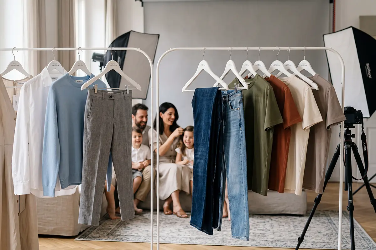 Outfit coordinati eleganti e casual per servizio fotografico famiglia