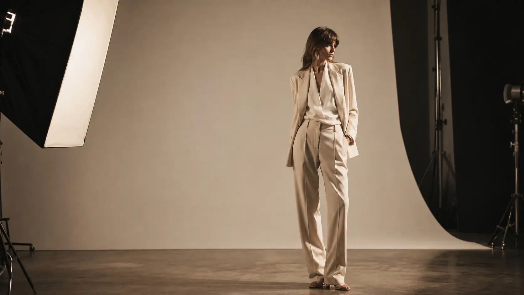 Lookbook moda Milano, modella in tailleur cream sul set di shooting in studio Giovanni Miele